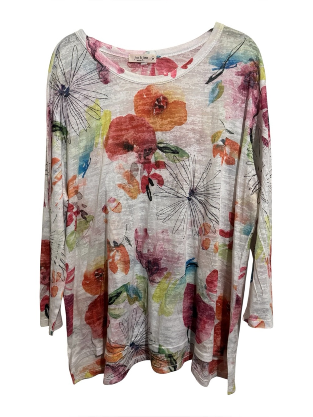 Jess & Jane Floral Burnout Top Womens 2X White Multi Art To Wear Boho Lagenlook